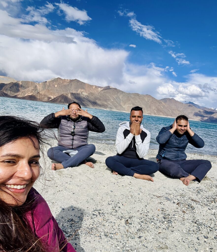 Students posing as Gandhi ji's three monkeys, "Bura mat dekho, bura mat bolo, bura mat suno" during Classical Hatha Yoga Retreat in Ladakh in July 2025
