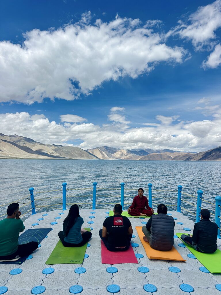 Yoga session at Pangong Lake during Classical Hatha Yoga Retreat in Ladakh in July 2025