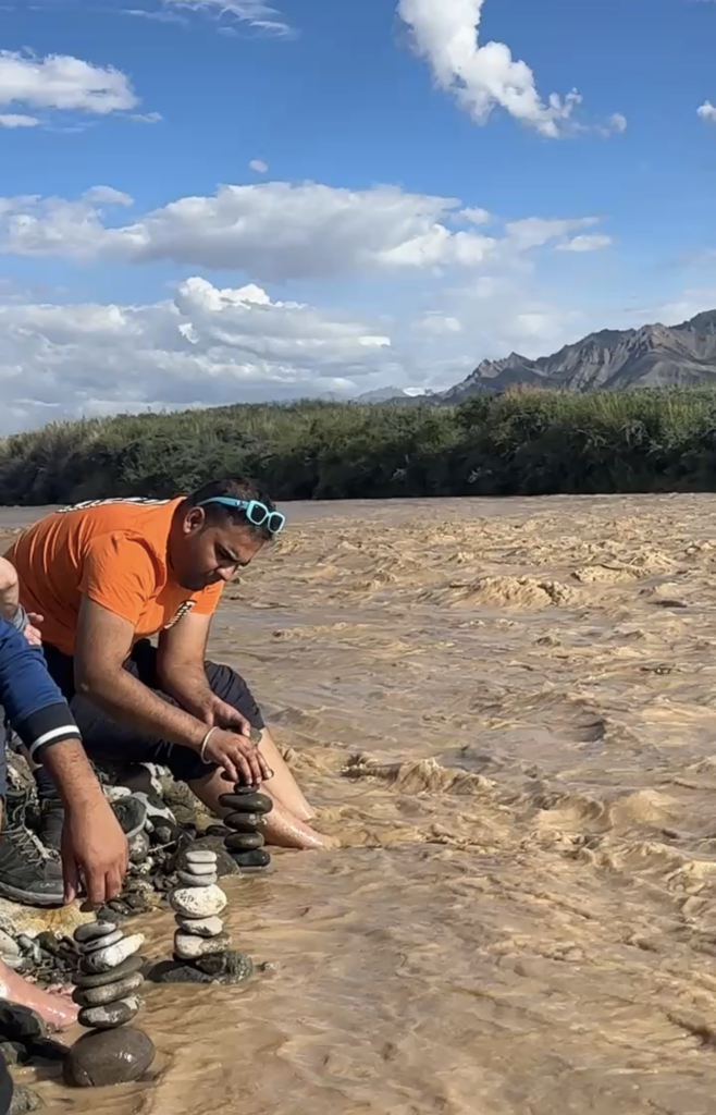 Making a cairn at Sindhu Ghat, Classical Hatha Yoga Retreat, Leh, Ladakh