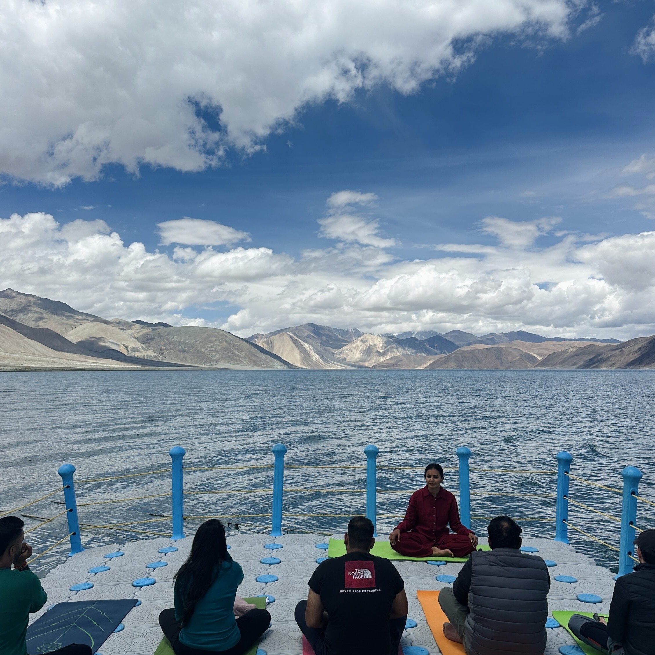 Classical Hatha Yoga retreat Ladakh particpants meditating at Pangong Lake meditating