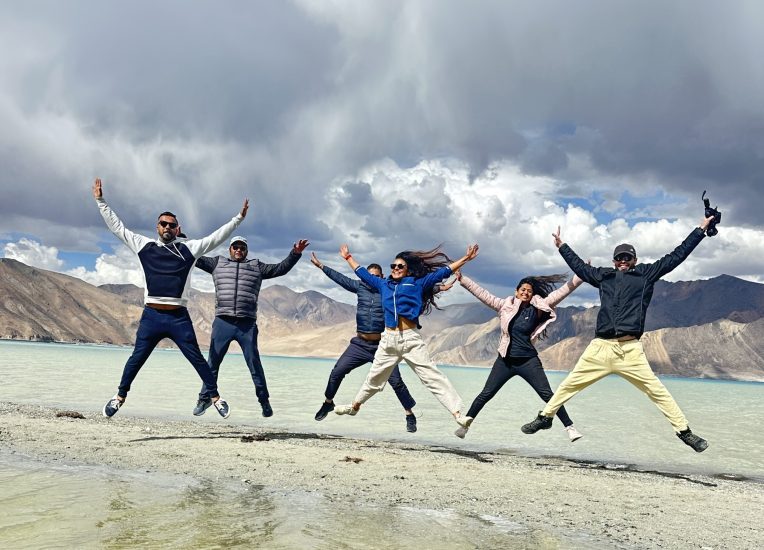 Classical Hatha Yoga retreat Ladakh Participants jumping at Pangong Lake